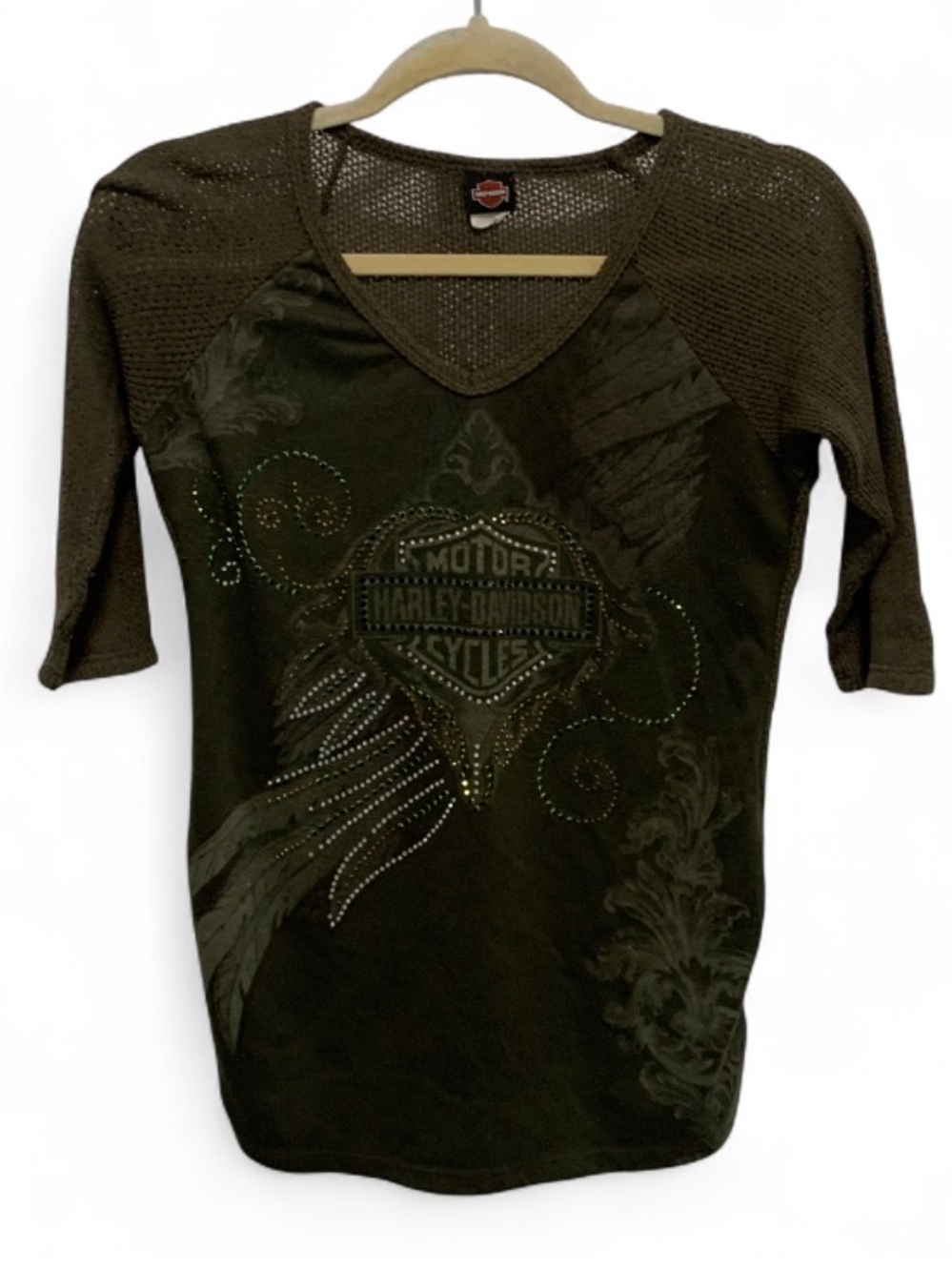 Harley-Davidson Olive Green Rhinestone V-Neck Tee